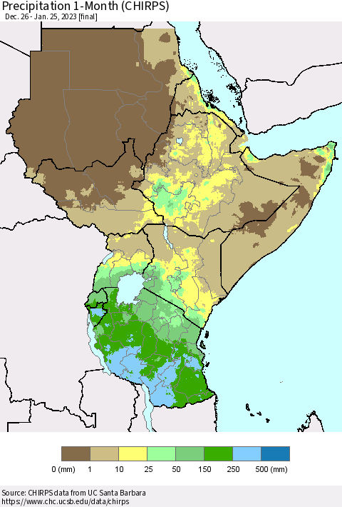 Eastern Africa Precipitation 1-Month (CHIRPS) Thematic Map For 12/26/2022 - 1/25/2023