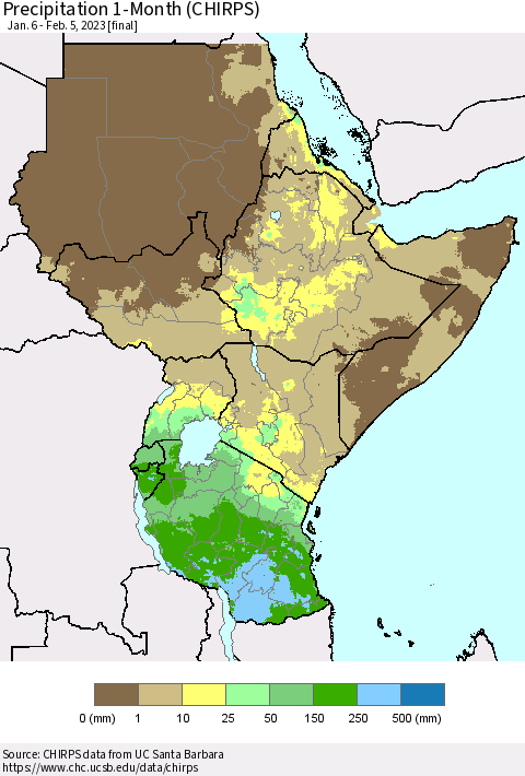 Eastern Africa Precipitation 1-Month (CHIRPS) Thematic Map For 1/6/2023 - 2/5/2023