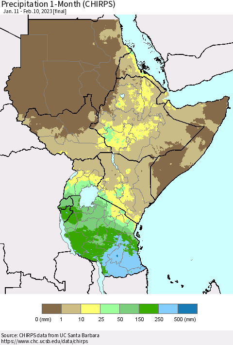 Eastern Africa Precipitation 1-Month (CHIRPS) Thematic Map For 1/11/2023 - 2/10/2023