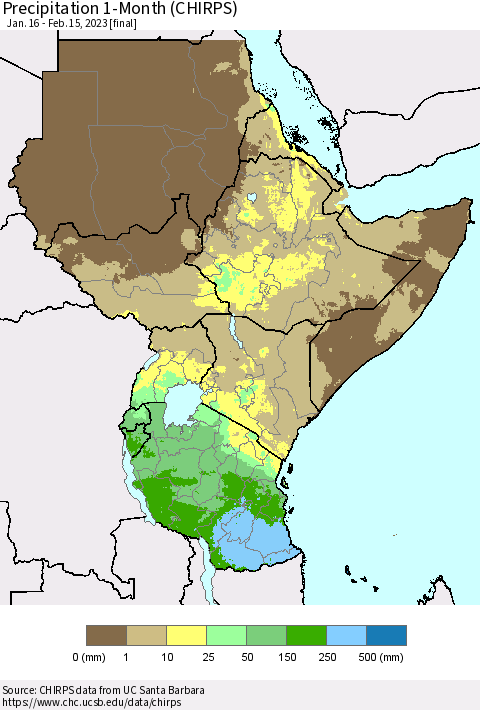 Eastern Africa Precipitation 1-Month (CHIRPS) Thematic Map For 1/16/2023 - 2/15/2023