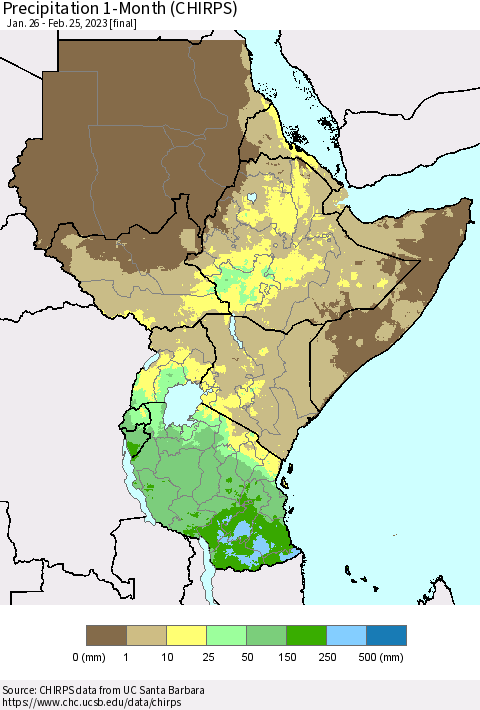 Eastern Africa Precipitation 1-Month (CHIRPS) Thematic Map For 1/26/2023 - 2/25/2023