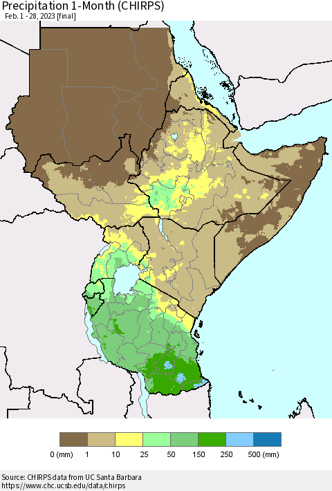 Eastern Africa Precipitation 1-Month (CHIRPS) Thematic Map For 2/1/2023 - 2/28/2023