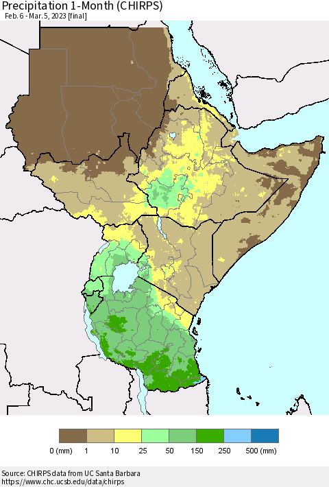 Eastern Africa Precipitation 1-Month (CHIRPS) Thematic Map For 2/6/2023 - 3/5/2023