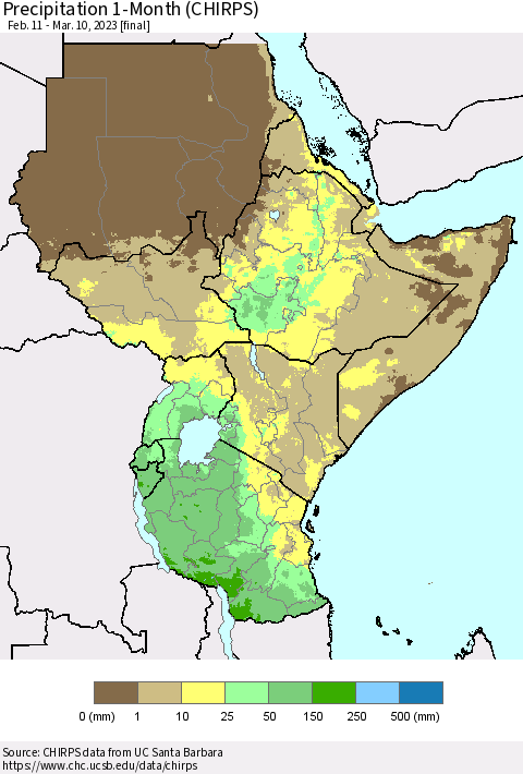 Eastern Africa Precipitation 1-Month (CHIRPS) Thematic Map For 2/11/2023 - 3/10/2023