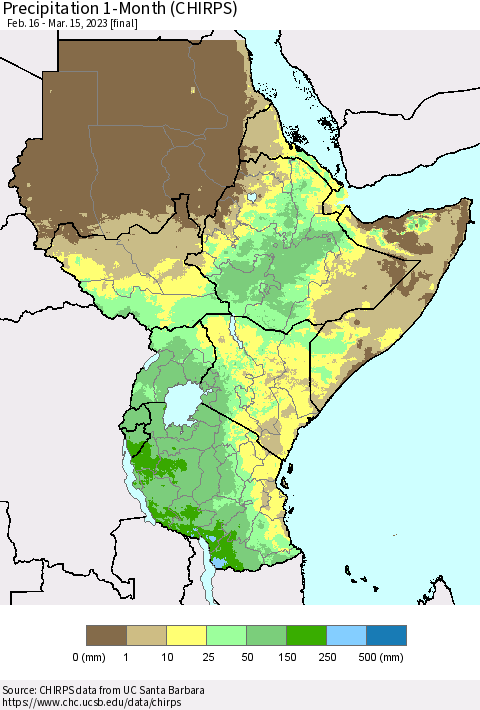 Eastern Africa Precipitation 1-Month (CHIRPS) Thematic Map For 2/16/2023 - 3/15/2023