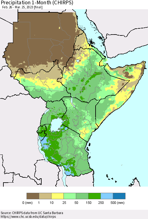 Eastern Africa Precipitation 1-Month (CHIRPS) Thematic Map For 2/26/2023 - 3/25/2023
