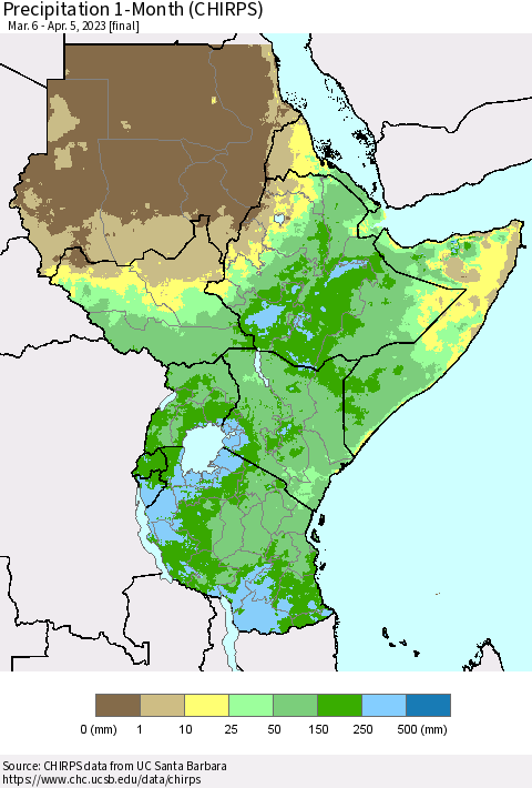 Eastern Africa Precipitation 1-Month (CHIRPS) Thematic Map For 3/6/2023 - 4/5/2023
