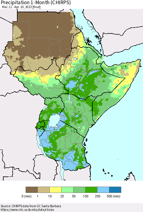 Eastern Africa Precipitation 1-Month (CHIRPS) Thematic Map For 3/11/2023 - 4/10/2023