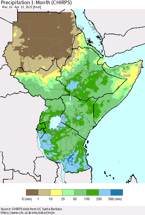 Eastern Africa Precipitation 1-Month (CHIRPS) Thematic Map For 3/16/2023 - 4/15/2023