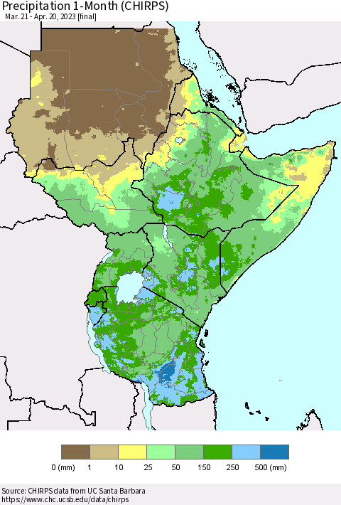 Eastern Africa Precipitation 1-Month (CHIRPS) Thematic Map For 3/21/2023 - 4/20/2023
