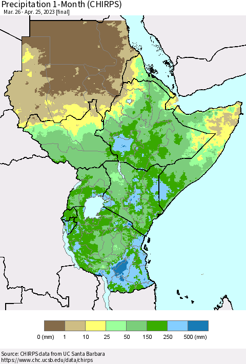 Eastern Africa Precipitation 1-Month (CHIRPS) Thematic Map For 3/26/2023 - 4/25/2023