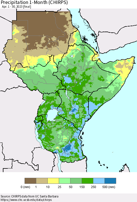 Eastern Africa Precipitation 1-Month (CHIRPS) Thematic Map For 4/1/2023 - 4/30/2023