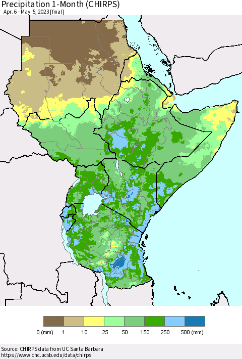 Eastern Africa Precipitation 1-Month (CHIRPS) Thematic Map For 4/6/2023 - 5/5/2023