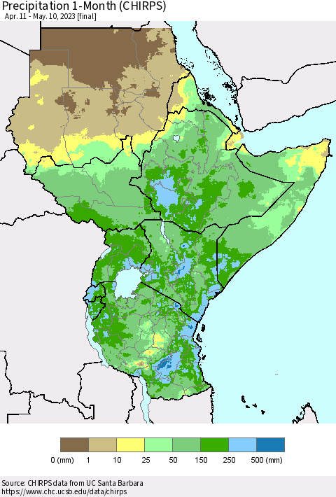 Eastern Africa Precipitation 1-Month (CHIRPS) Thematic Map For 4/11/2023 - 5/10/2023