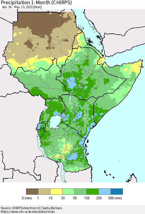Eastern Africa Precipitation 1-Month (CHIRPS) Thematic Map For 4/16/2023 - 5/15/2023