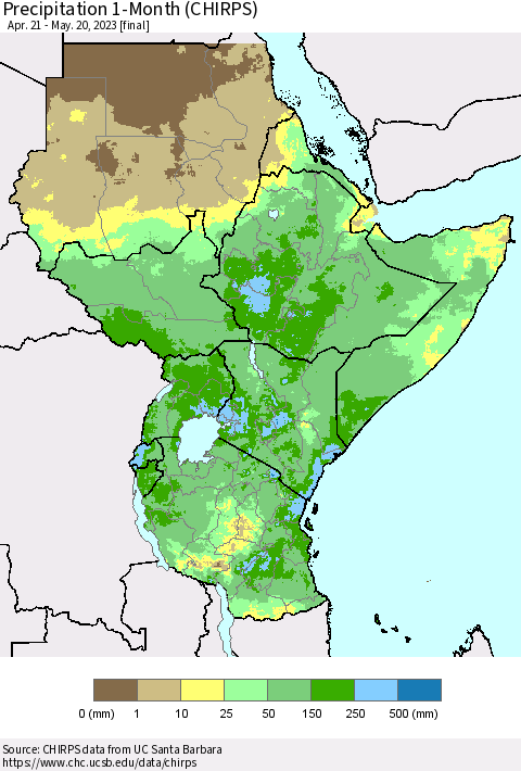 Eastern Africa Precipitation 1-Month (CHIRPS) Thematic Map For 4/21/2023 - 5/20/2023