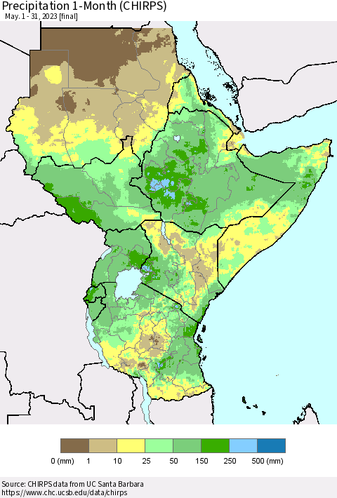 Eastern Africa Precipitation 1-Month (CHIRPS) Thematic Map For 5/1/2023 - 5/31/2023