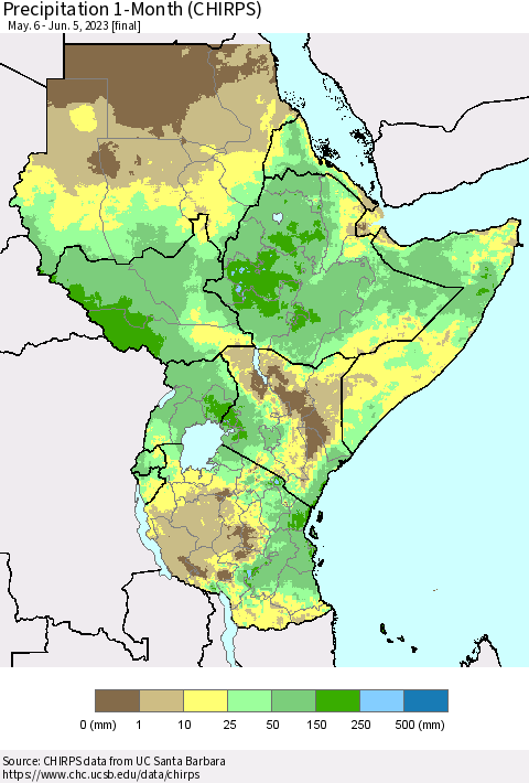Eastern Africa Precipitation 1-Month (CHIRPS) Thematic Map For 5/6/2023 - 6/5/2023