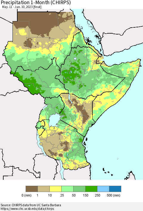Eastern Africa Precipitation 1-Month (CHIRPS) Thematic Map For 5/11/2023 - 6/10/2023