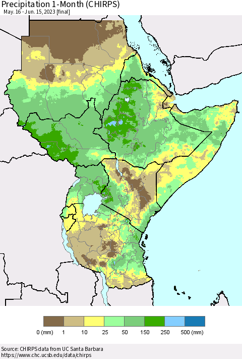 Eastern Africa Precipitation 1-Month (CHIRPS) Thematic Map For 5/16/2023 - 6/15/2023