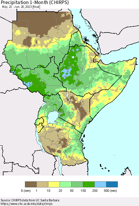 Eastern Africa Precipitation 1-Month (CHIRPS) Thematic Map For 5/21/2023 - 6/20/2023