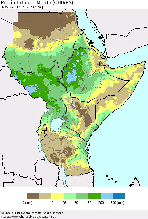 Eastern Africa Precipitation 1-Month (CHIRPS) Thematic Map For 5/26/2023 - 6/25/2023