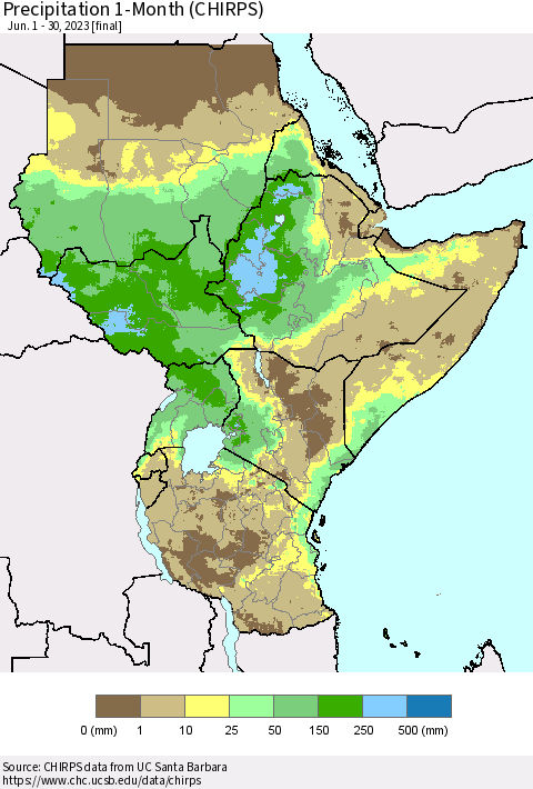 Eastern Africa Precipitation 1-Month (CHIRPS) Thematic Map For 6/1/2023 - 6/30/2023