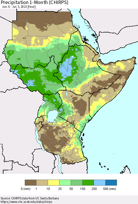 Eastern Africa Precipitation 1-Month (CHIRPS) Thematic Map For 6/6/2023 - 7/5/2023