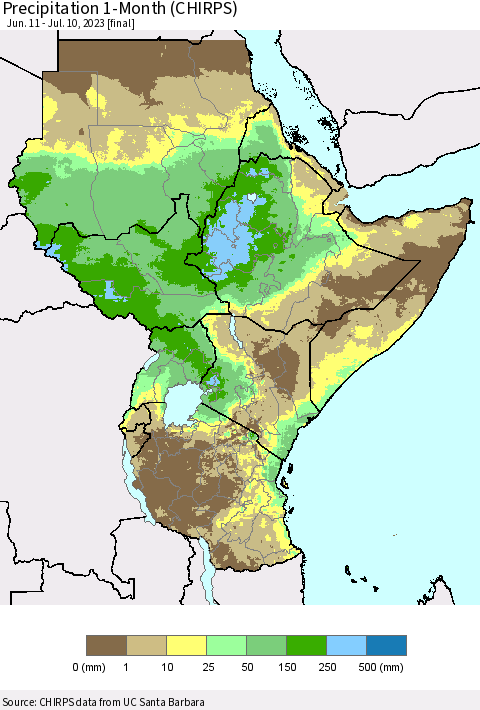 Eastern Africa Precipitation 1-Month (CHIRPS) Thematic Map For 6/11/2023 - 7/10/2023
