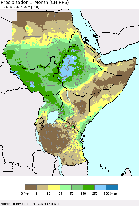 Eastern Africa Precipitation 1-Month (CHIRPS) Thematic Map For 6/16/2023 - 7/15/2023