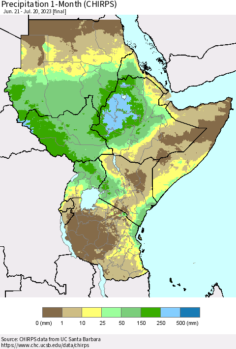 Eastern Africa Precipitation 1-Month (CHIRPS) Thematic Map For 6/21/2023 - 7/20/2023