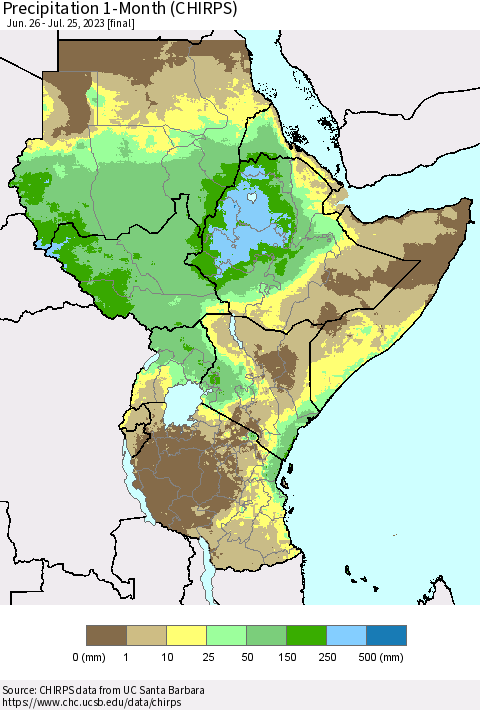 Eastern Africa Precipitation 1-Month (CHIRPS) Thematic Map For 6/26/2023 - 7/25/2023