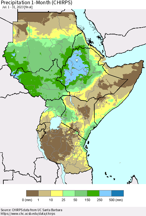 Eastern Africa Precipitation 1-Month (CHIRPS) Thematic Map For 7/1/2023 - 7/31/2023
