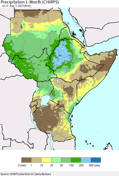 Eastern Africa Precipitation 1-Month (CHIRPS) Thematic Map For 7/6/2023 - 8/5/2023