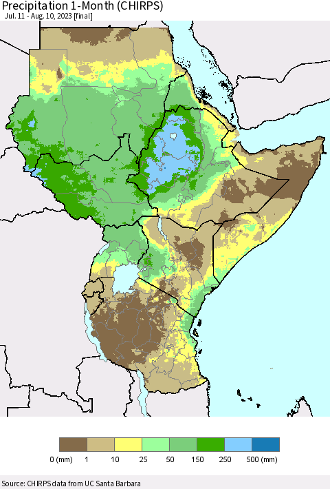 Eastern Africa Precipitation 1-Month (CHIRPS) Thematic Map For 7/11/2023 - 8/10/2023