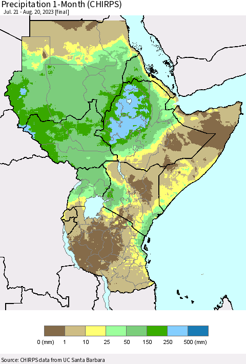 Eastern Africa Precipitation 1-Month (CHIRPS) Thematic Map For 7/21/2023 - 8/20/2023