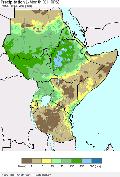 Eastern Africa Precipitation 1-Month (CHIRPS) Thematic Map For 8/6/2023 - 9/5/2023