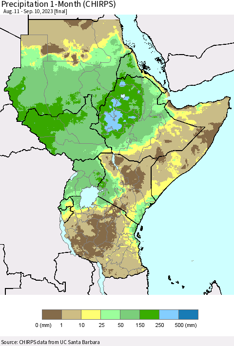 Eastern Africa Precipitation 1-Month (CHIRPS) Thematic Map For 8/11/2023 - 9/10/2023