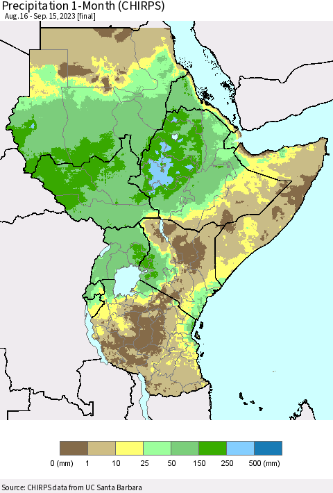 Eastern Africa Precipitation 1-Month (CHIRPS) Thematic Map For 8/16/2023 - 9/15/2023