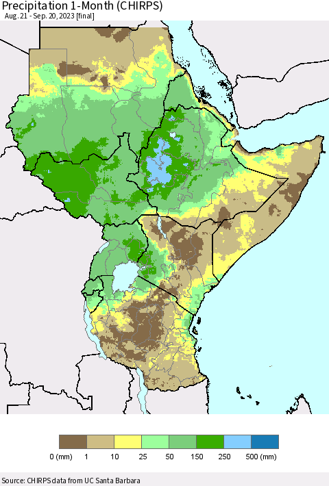 Eastern Africa Precipitation 1-Month (CHIRPS) Thematic Map For 8/21/2023 - 9/20/2023