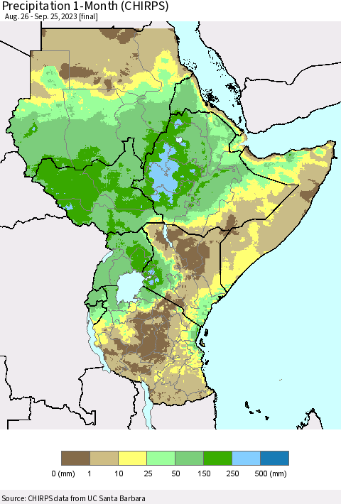 Eastern Africa Precipitation 1-Month (CHIRPS) Thematic Map For 8/26/2023 - 9/25/2023