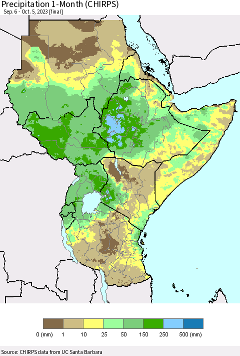Eastern Africa Precipitation 1-Month (CHIRPS) Thematic Map For 9/6/2023 - 10/5/2023
