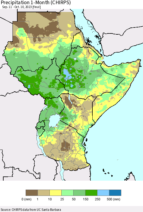 Eastern Africa Precipitation 1-Month (CHIRPS) Thematic Map For 9/11/2023 - 10/10/2023