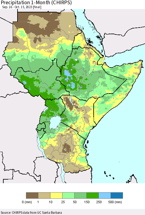 Eastern Africa Precipitation 1-Month (CHIRPS) Thematic Map For 9/16/2023 - 10/15/2023