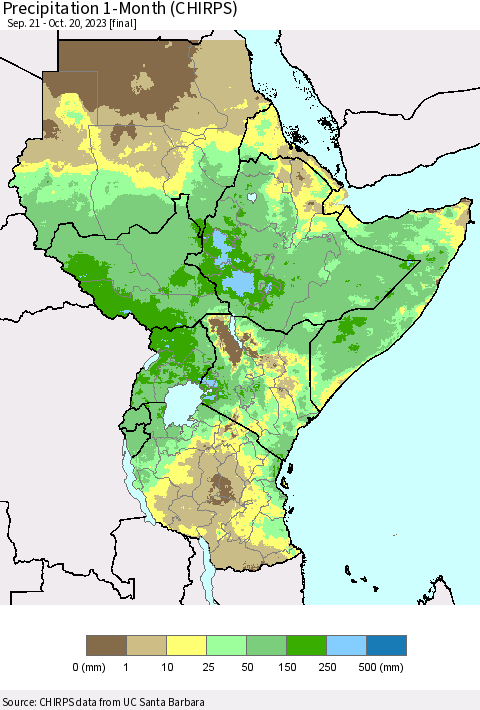 Eastern Africa Precipitation 1-Month (CHIRPS) Thematic Map For 9/21/2023 - 10/20/2023