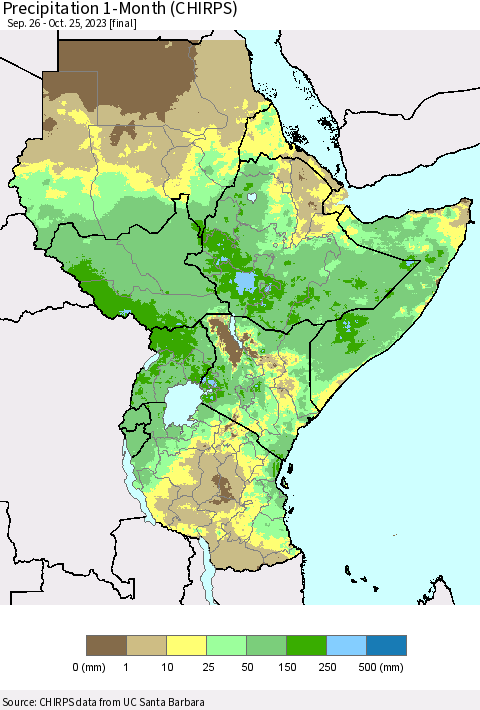 Eastern Africa Precipitation 1-Month (CHIRPS) Thematic Map For 9/26/2023 - 10/25/2023