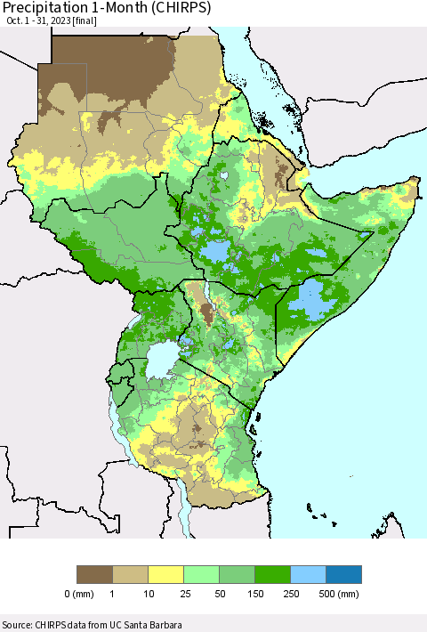Eastern Africa Precipitation 1-Month (CHIRPS) Thematic Map For 10/1/2023 - 10/31/2023