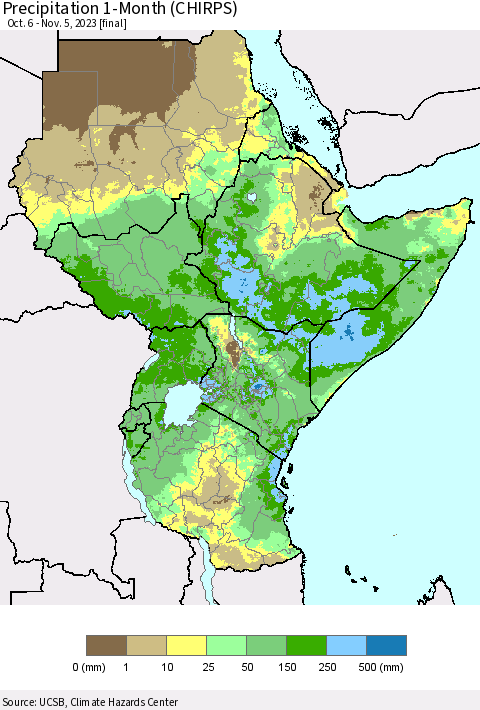 Eastern Africa Precipitation 1-Month (CHIRPS) Thematic Map For 10/6/2023 - 11/5/2023