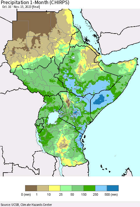 Eastern Africa Precipitation 1-Month (CHIRPS) Thematic Map For 10/16/2023 - 11/15/2023