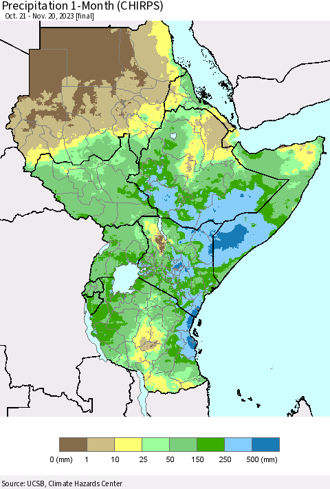 Eastern Africa Precipitation 1-Month (CHIRPS) Thematic Map For 10/21/2023 - 11/20/2023